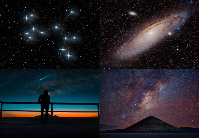 Collage of starry skies, galaxies, and silhouettes from top stargazing spots