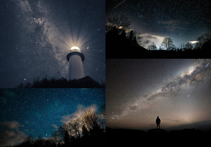 Collage of starry skies, galaxies, and silhouettes from top stargazing spots