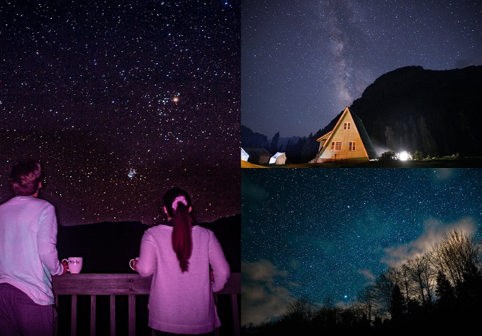 Couple stargazing from cabin decks and mountain huts under the Milky Way