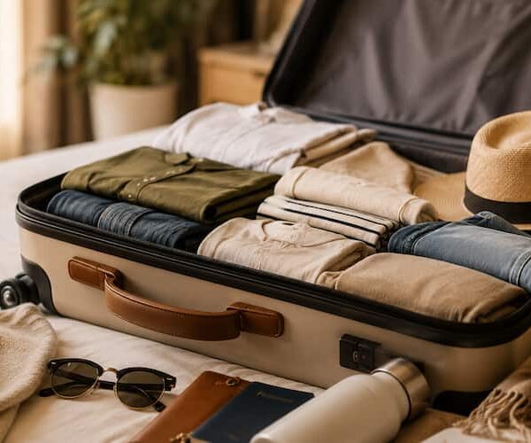An open suitcase on a bed, neatly packed with capsule wardrobe essentials and neutral clothing, sunglasses, a hat, and travel essentials for stress-free travel packing.