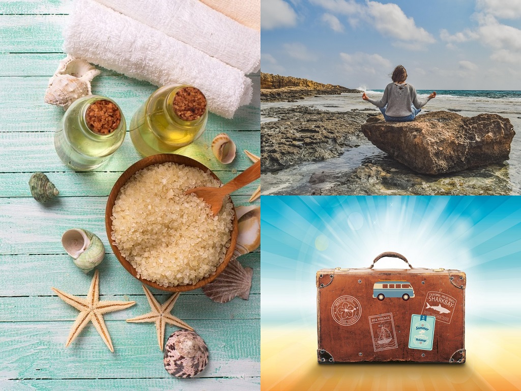 Travel beauty and bag essentials – wellness, beach meditation, skincare, and packing for travelers.