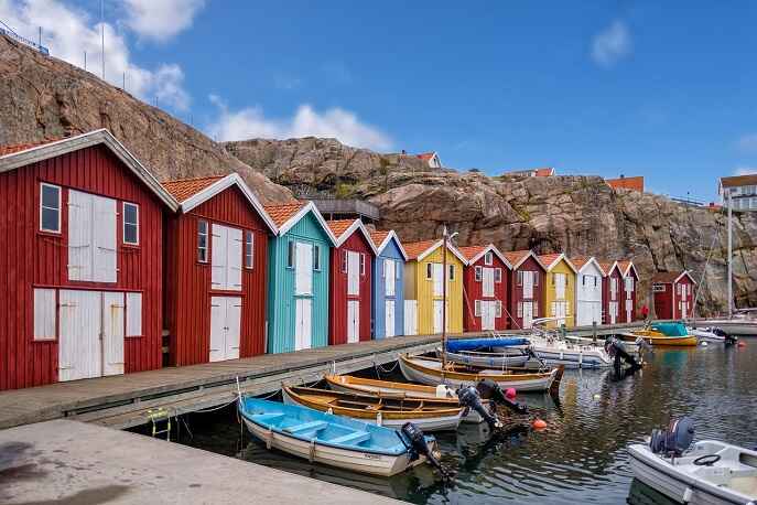 Vibrant, colorful stilt houses on the water in Chiloé Island, Chile
