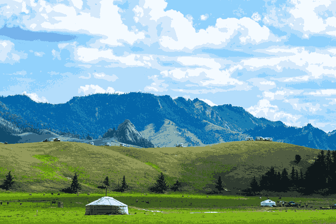 Rolling green hills and traditional Mongolian yurts in Gorkhi Terelj National Park