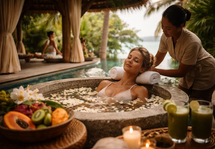 Woman enjoying spa therapy in Koh Samui, Thailand, during a women-only wellness and detox retreat