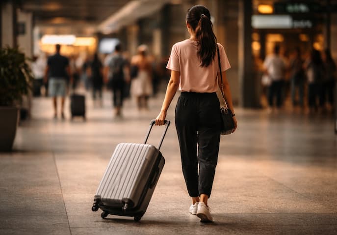 Solo travel after breakup, woman walking away from the airport