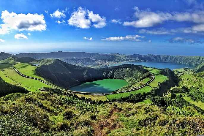 Scenic crater lakes and green hills in the Azores, Portugal