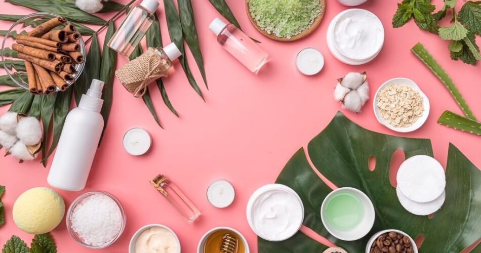 Flat lay natural ingredients that are the best for skin and beauty care