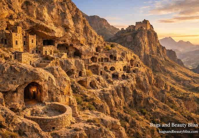 Ancient mountain cities carved into rugged cliffs showing stone dwellings, terraces, and rock-cut architecture illuminated by golden sunlight 