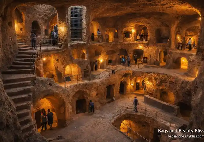 Ancient underground city of Derinkuyu in Cappadocia, Turkey, showing multi-level rock-cut chambers, tunnels, and warm lights