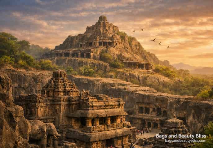 Rock-cut Kailasa Temple at Ellora Caves in Maharashtra, India, with mountain backdrop
