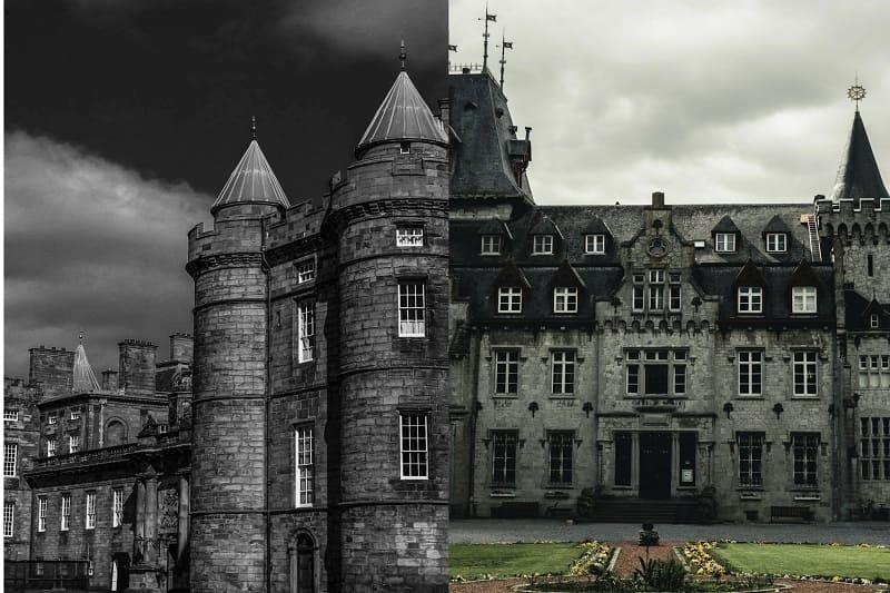Dark medieval European haunted castles under stormy skies