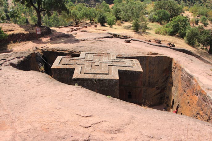 Aerial view of rock-carved Church of Saint George in Lalibela, Ethiopia