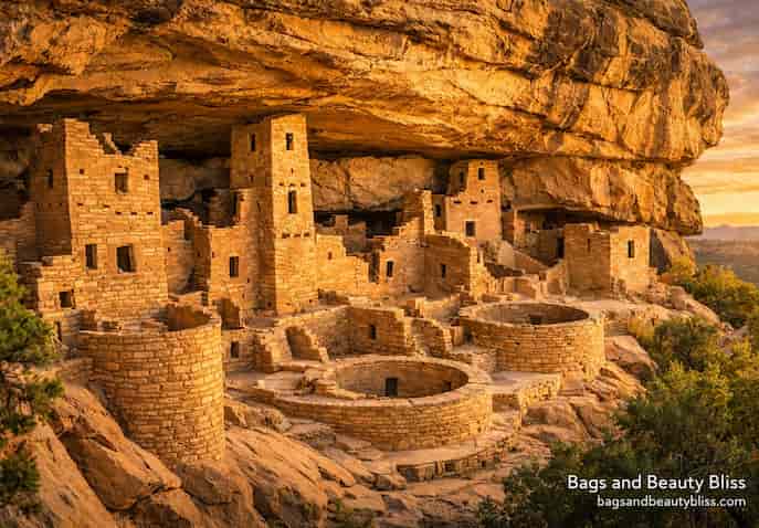 Ancient cliff dwellings built by Ancestral Pueblo people at Mesa Verde National Park in Colorado, USA, beneath a sandstone overhang with sunset light 