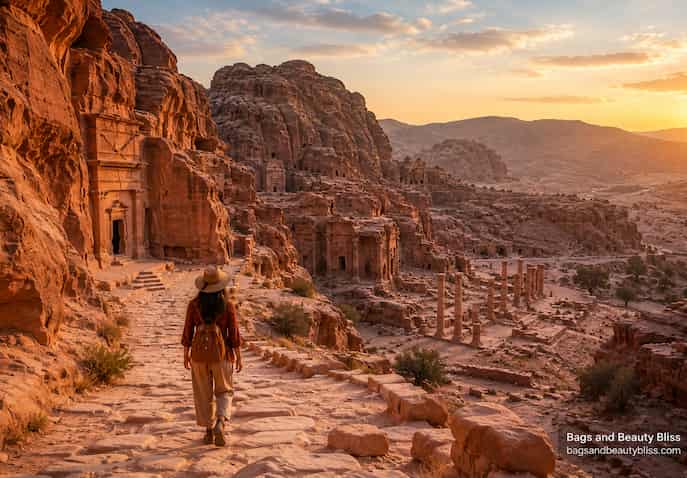  A traveler exploring Petra Jordan ancient rock-cut city with sandstone cliffs, historic pathways, and desert mountain views during golden hour