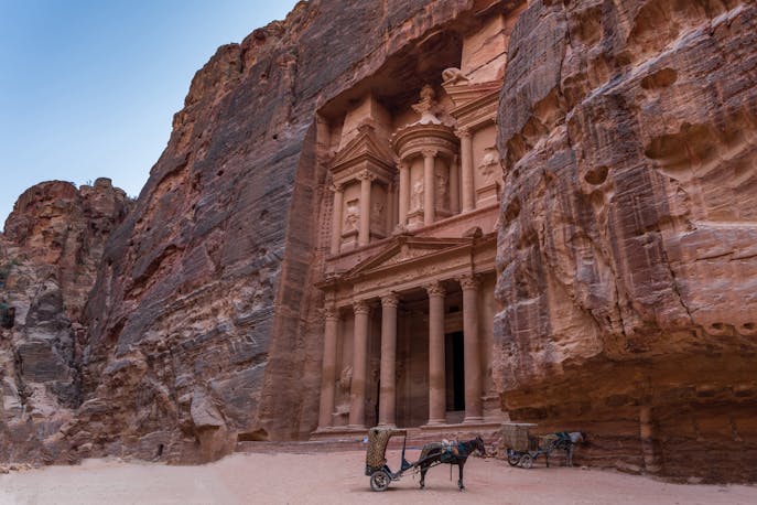 Majestic rock-carved Al-Khazneh temple facade in Petra, Jordan