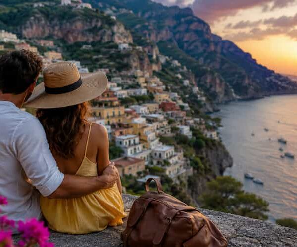 Couple enjoying a romantic sunset at a scenic coastal destination during a stress-free vacation.