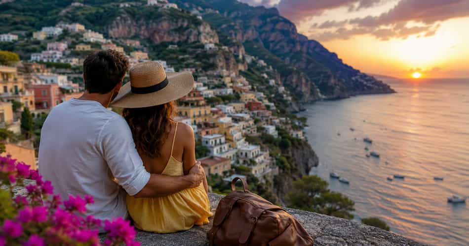 Couple enjoying a romantic sunset at a scenic coastal destination during a stress-free vacation.