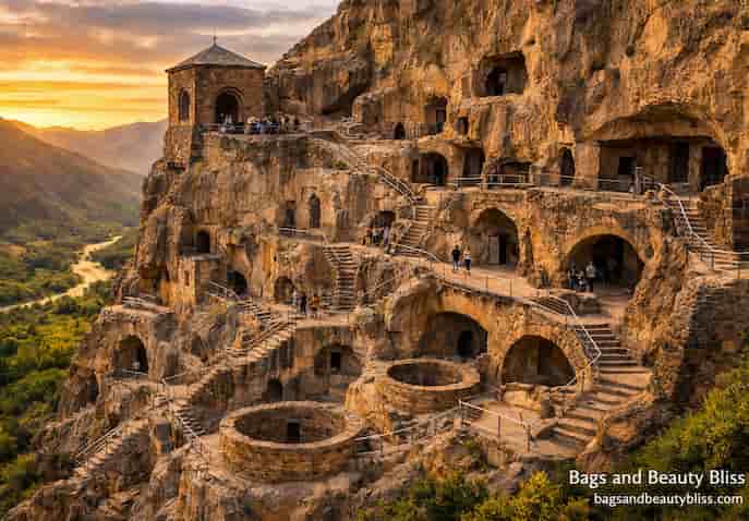 Vardzia medieval cliffside monastery carved into Erusheti Mountain in Georgia, showing rock-cut chambers, stairways, and sunset-lit valley with Bags and Beauty Bliss branding in bottom right