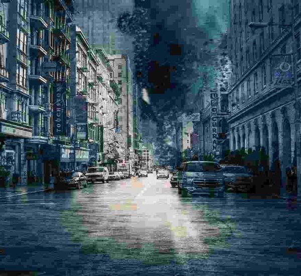 Rainy city street with storm clouds creating a spooky Halloween atmosphere.