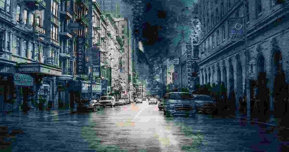 Rainy city street with storm clouds creating a spooky Halloween atmosphere.