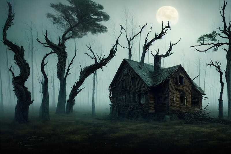 Abandoned haunted hut with broken roof, dry trees, and a full moon on Halloween night.