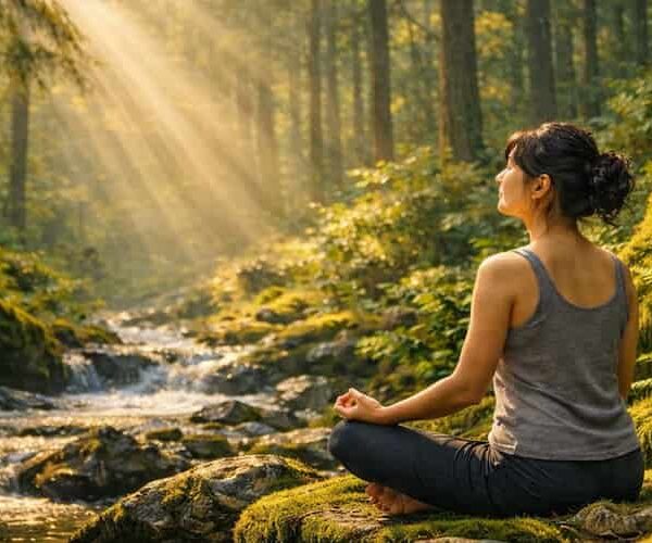A woman meditating beside a peaceful forest stream surrounded by sunlight and trees during a nature therapy wellness retreat