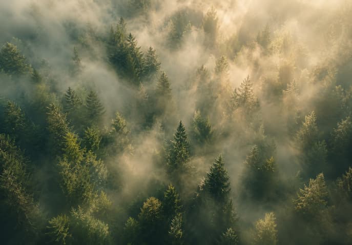  Aerial view of misty pine forest with golden sunlight rays representing nature therapy, ecotherapy, mindfulness, and forest bathing wellness travel