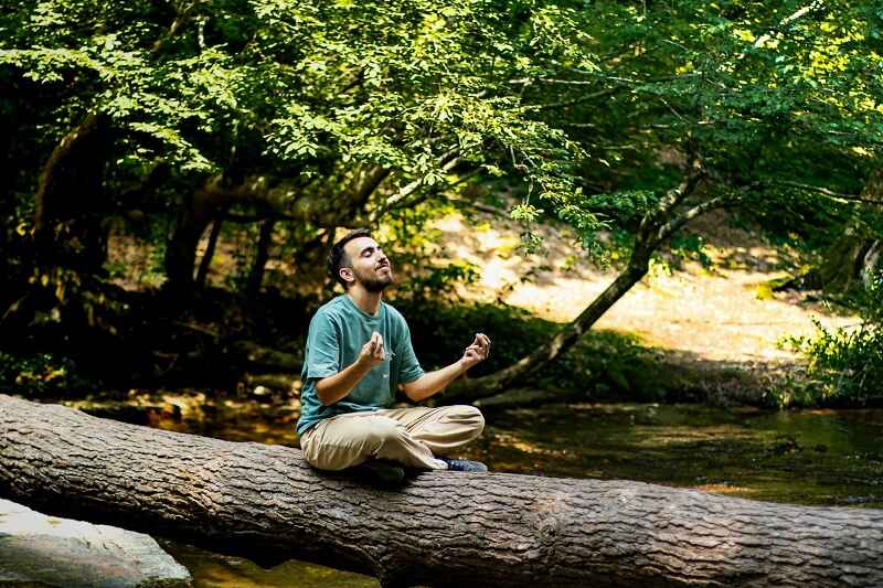 A man meditating on a titled tree branch, soaking nature's healing