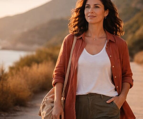 A confident woman in her 40s walking alone on scenic coastal path during solo travel