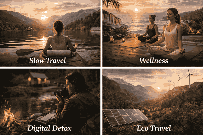 2026 travel trends collage featuring slow travel, wellness retreat, digital detox, and eco travel landscapes.