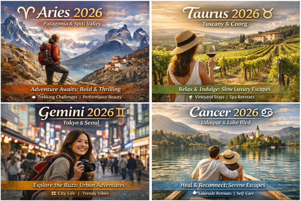 Zodiac travel guide 2026 collage with Aries, Taurus, Gemini, and Cancer showcasing global destinations.