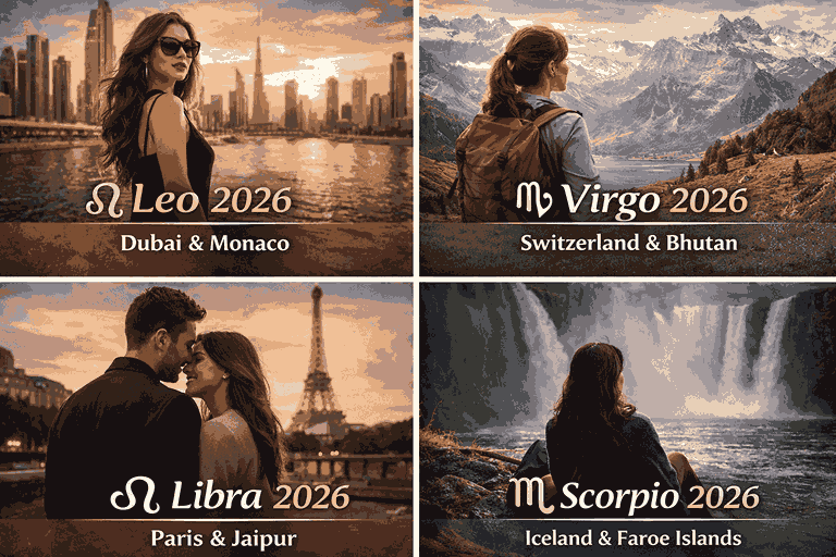Luxury and transformative zodiac travel collage with Leo in Dubai, Virgo in Switzerland, Libra in Paris, and Scorpio in Iceland.