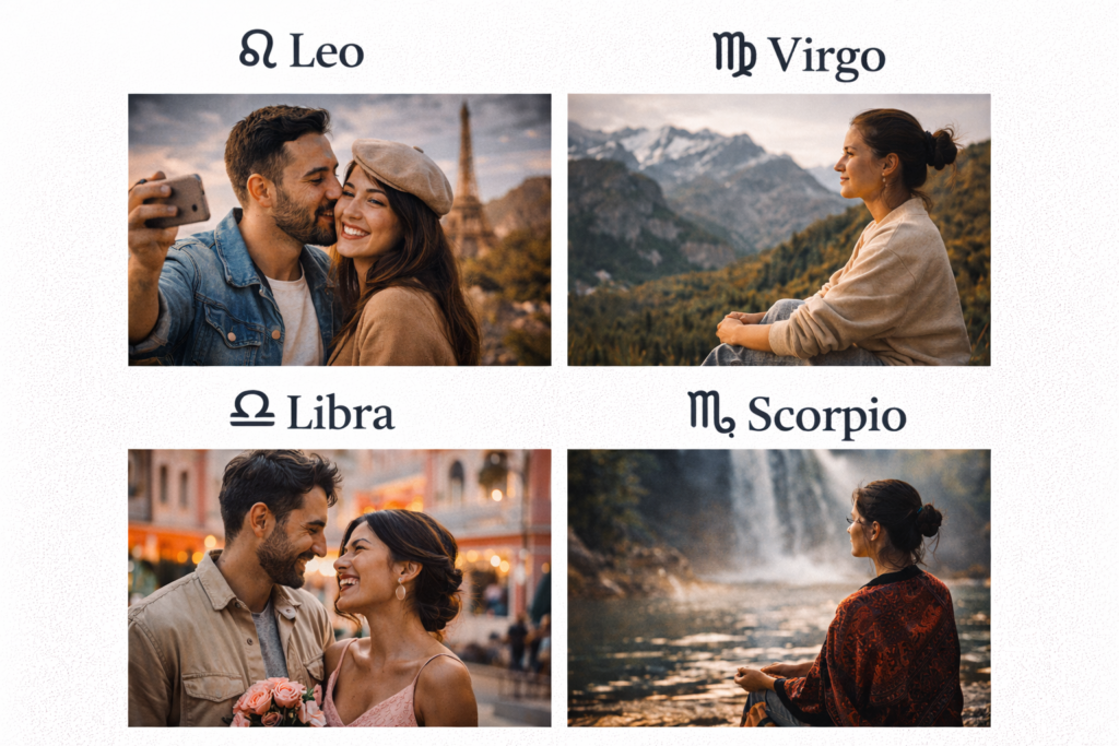 Zodiac collage featuring Leo, Virgo, Libra, and Scorpio in romantic and serene landscapes.