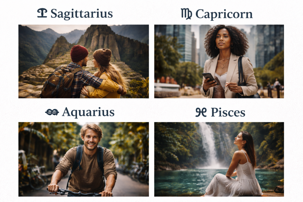 Zodiac travel guide collage with Sagittarius, Capricorn, Aquarius, and Pisces in themed settings.