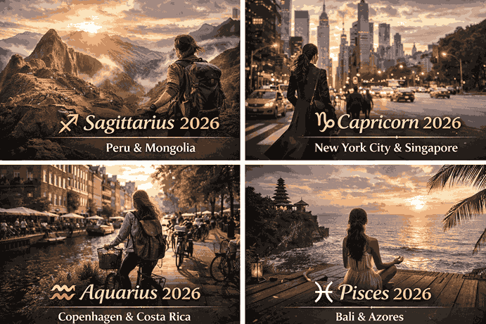 Adventure and wellness zodiac travel collage featuring Sagittarius in Peru, Capricorn in New York City, Aquarius in Copenhagen, and Pisces in Bali.