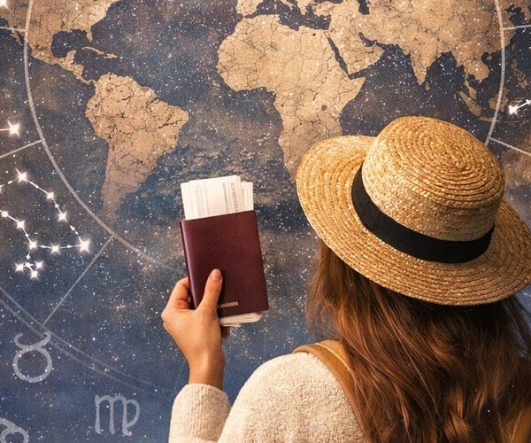 A lady with a passport in front of a celestial world map featuring zodiac constellations.