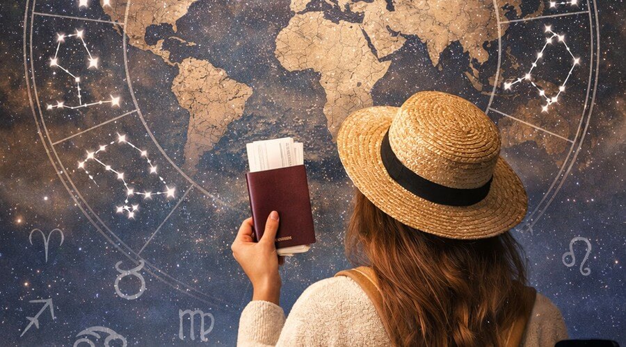 A lady with a passport in front of a celestial world map featuring zodiac constellations.