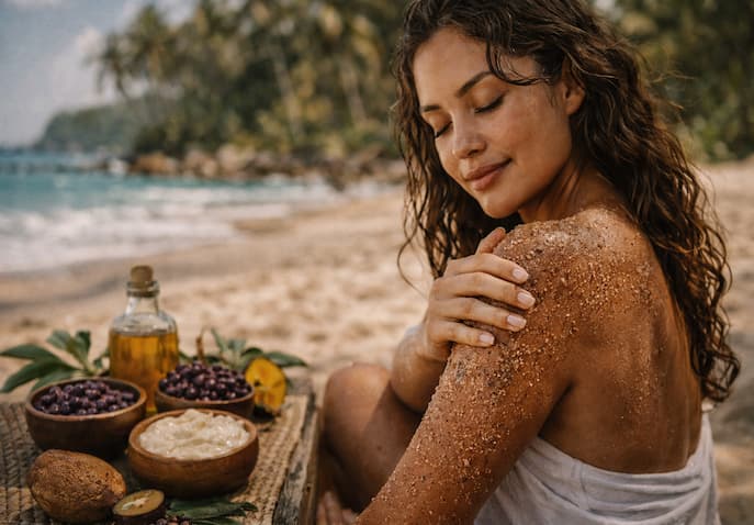 Woman using a tropical body scrub on the beach in a Brazil-inspired beauty ritual for smooth glowing skin