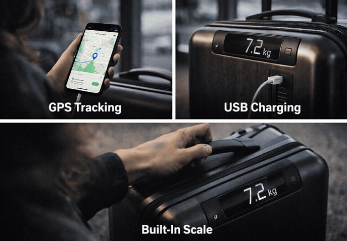 Smart luggage features including GPS luggage tracking, USB charging ports and built-in digital weight scale