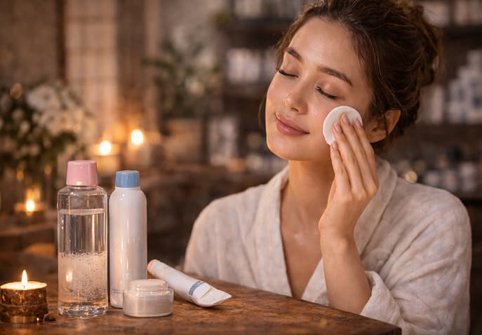 French beauty ritual with minimal skincare and pharmacy-inspired products for a natural travel glow