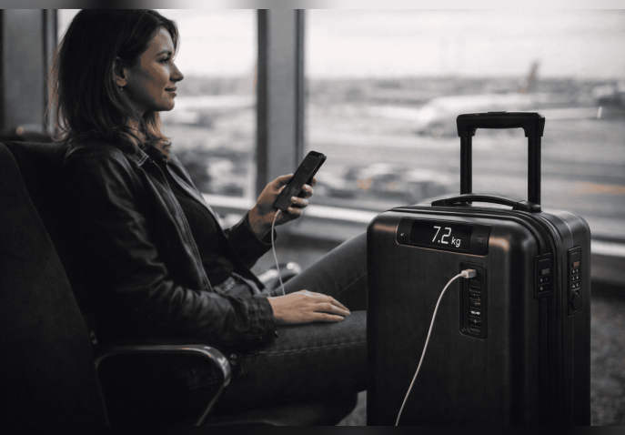 Traveler charging phone using smart suitcase USB port with built-in digital scale at airport lounge