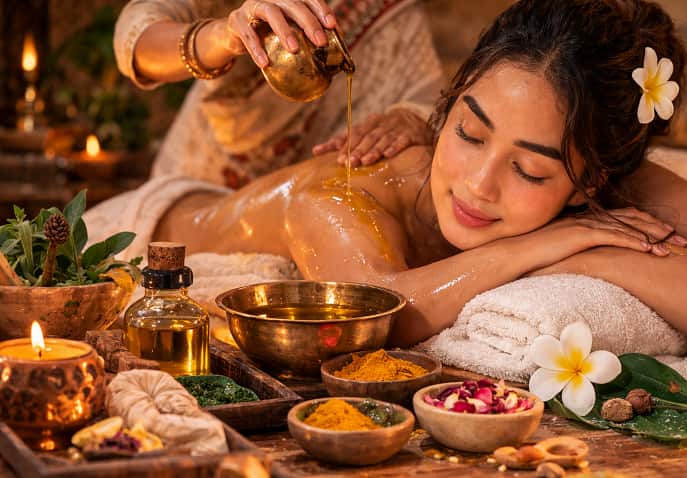 An Indian woman enjoying ayurvedic abhyanga oil massage ritual with herbal ubtan and warm oils