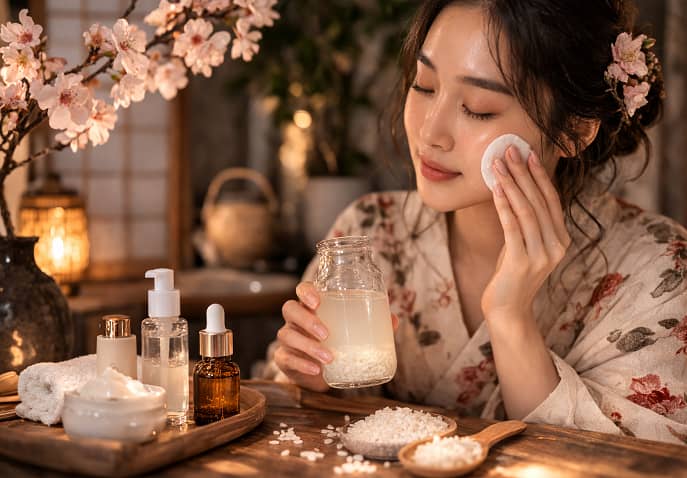 Japanese rice water skincare ritual with traditional hydration layering