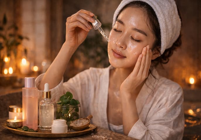 South Korean multi-step skincare routine for glass skin with hydrating essence