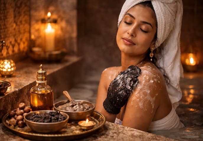 Woman enjoying a traditional Moroccan hammam ritual with black soap, exfoliation, and rhassoul clay for glowing skin