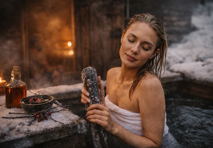 Woman enjoying a Nordic sauna and cold-water beauty ritual for glowing skin and wellness during travel