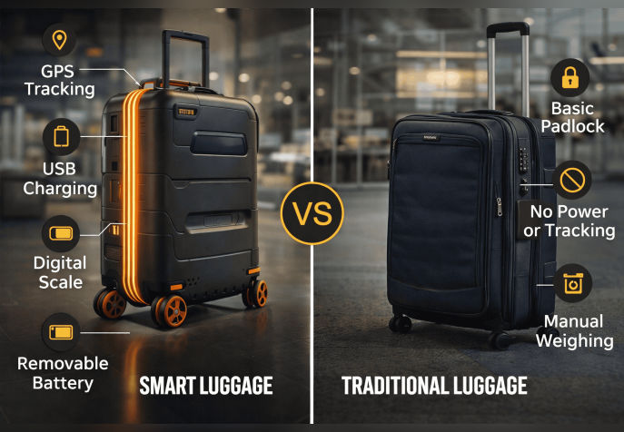 Smart luggage vs traditional luggage comparison showing GPS tracking, USB charging and built-in scale vs basic suitcase