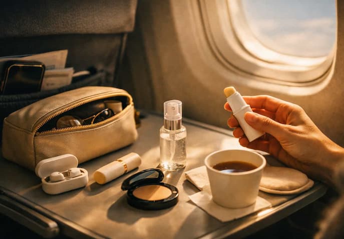 An airplane seat setup with tray table, window light, and lip balm moment.