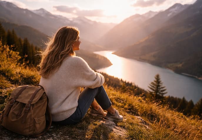 Solo traveler sitting on a mountain cliff overlooking a calm lake at golden hour