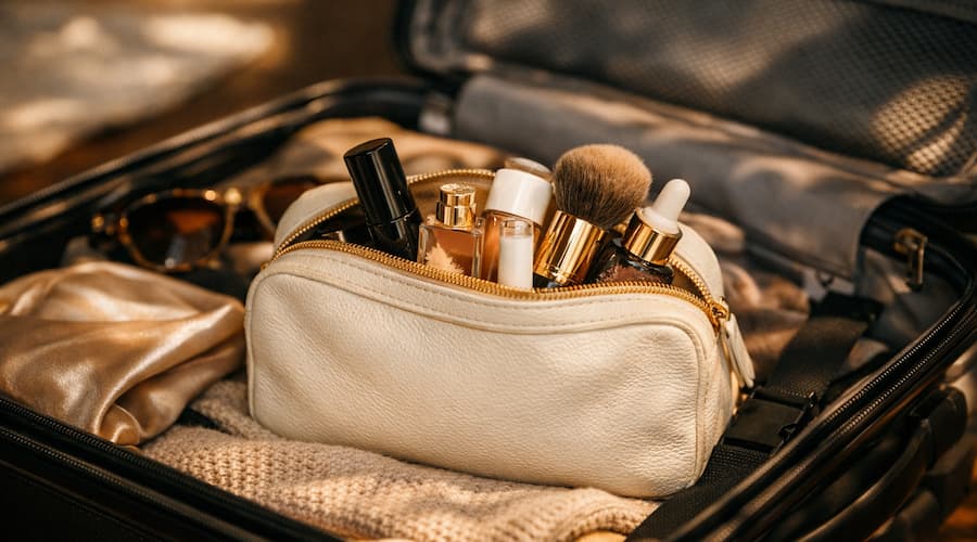 Cinematic hero shot of an open carry‑on with a beauty pouch and essentials peeking out.